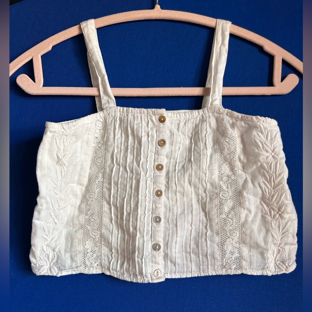 LoveShackFancy Cream Embroidered Crop Top